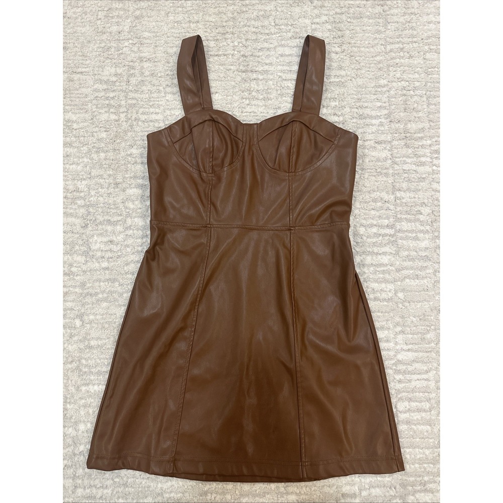 A New Day Womens Brown Faux Leather Dress Mini Size XS Straps Sweetheart‎ Neck